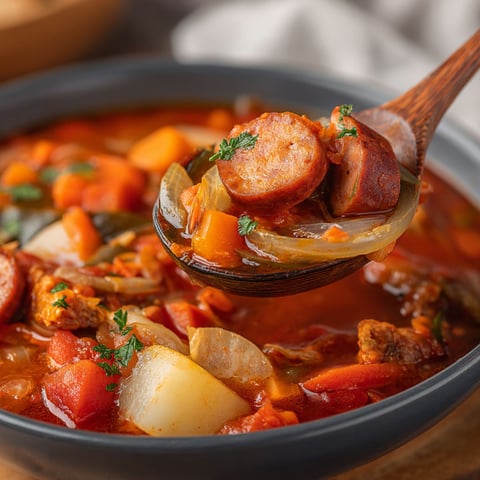 A spoon is in a bowl of soup.