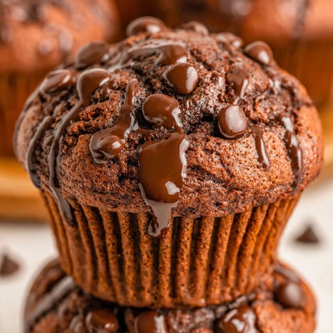 Chocolate muffins with chocolate drizzle.
