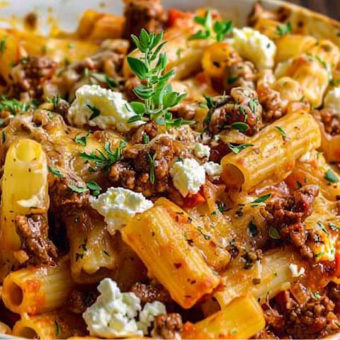 A bowl of pasta with meat and cheese.