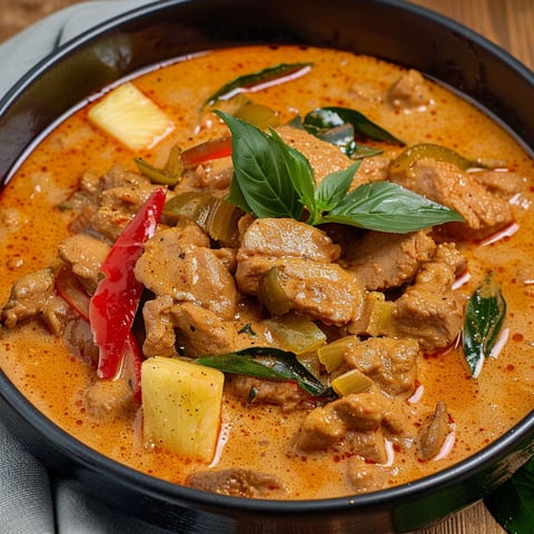 A bowl of red curry with meat and coconut milk.