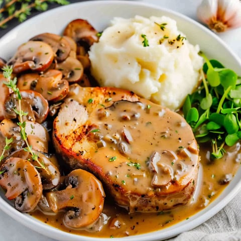 A plate of mushroom gravy with meat and potatoes.