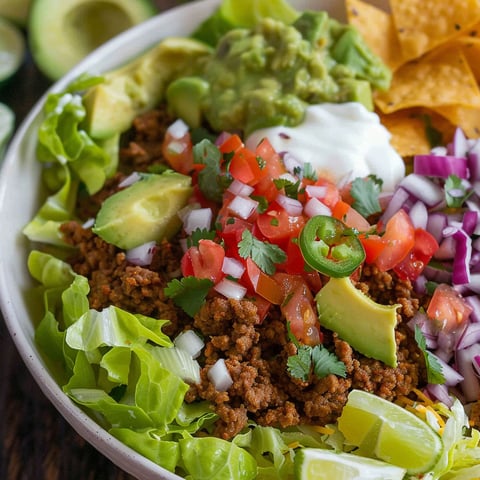 A bowl of taco salad with lettuce, tomatoes, avocado, and sour cream.