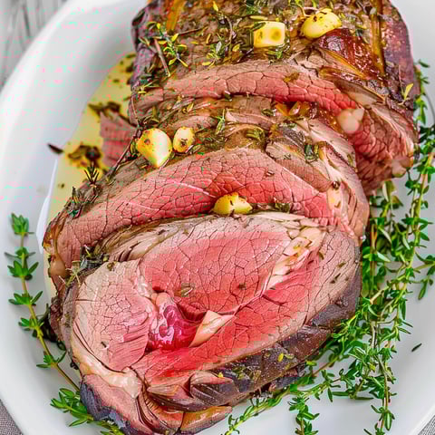 A roast of beef with garlic herb butter.