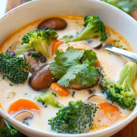 A bowl of soup with broccoli and mushrooms.