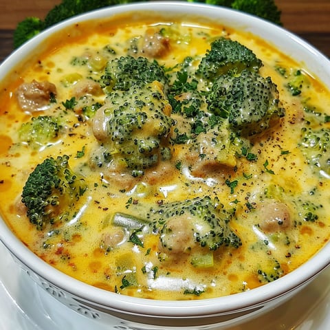 A bowl of soup with broccoli and meat.