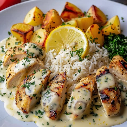 A plate of food with chicken, rice, and lemon wedges.