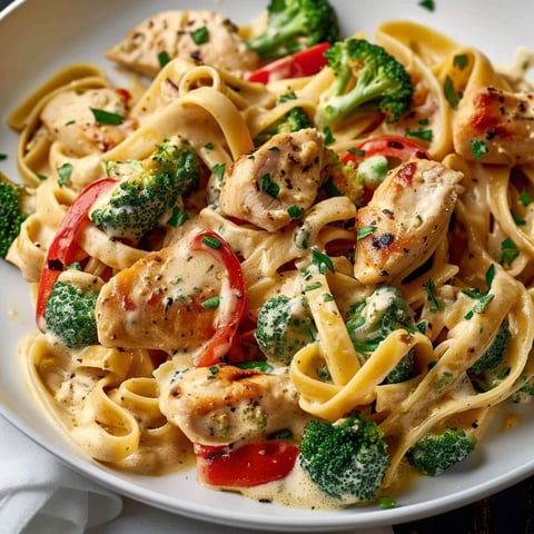A plate of pasta with chicken and broccoli.