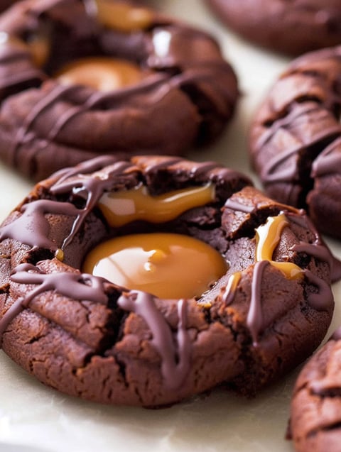 A close up of a chocolate caramel thumbprint cookie.