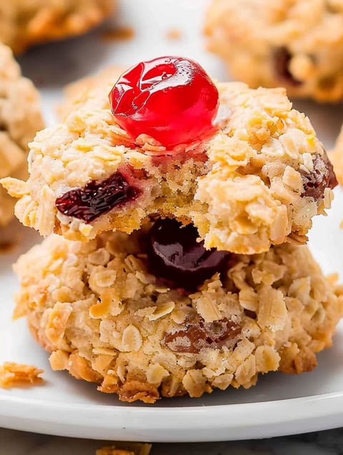 A cookie with a cherry on top.