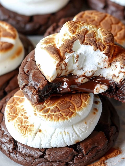 A chocolate chip cookie with white icing and a marshmallow on top.