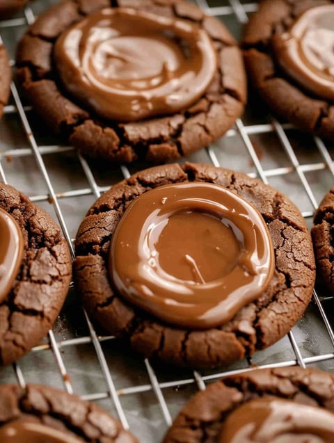 A close up of a chocolate cookie with a drizzle of chocolate sauce.
