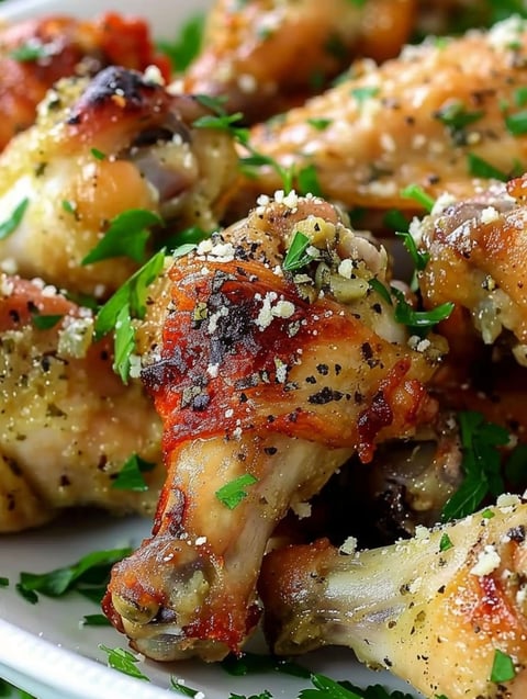 A plate of chicken wings with garlic and Parmesan cheese.