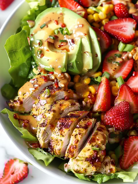 A bowl of chicken salad with avocado, corn, and strawberries.