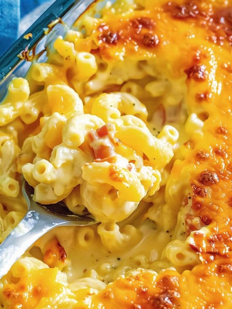 A close up of a baked mac and cheese dish.