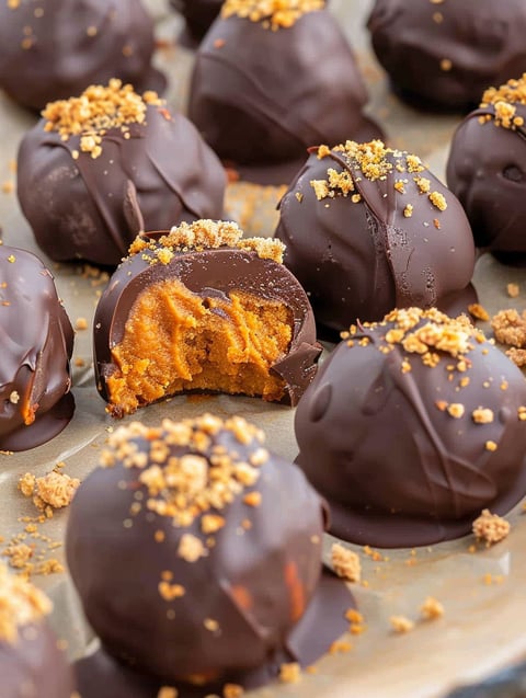 Pumpkin truffles on a tray.