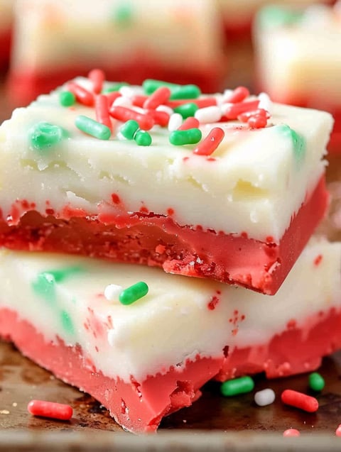 A piece of red and white cake with green sprinkles.