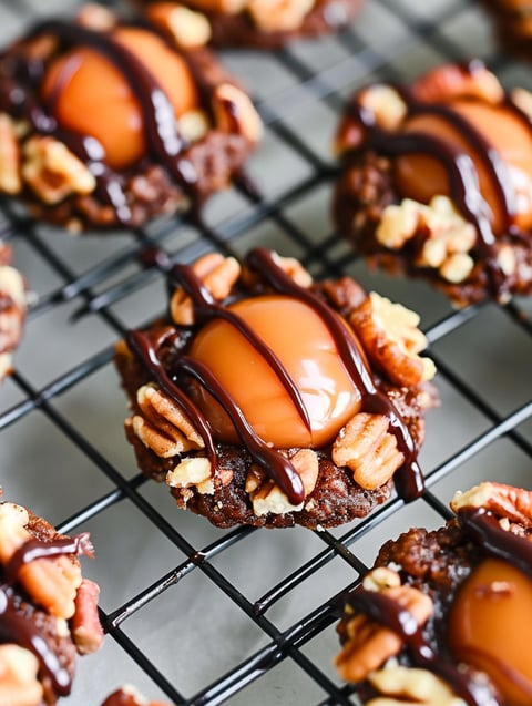 A turtle thumbprint cookie with chocolate, caramel and pecan toppings.
