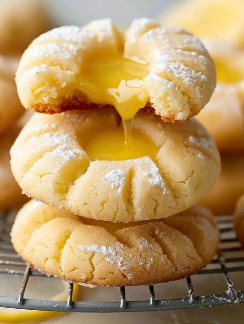 A stack of lemon thumbprint cookies.