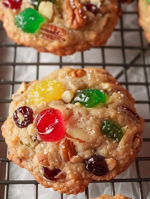 A cookie with fruitcake and jelly beans on top.