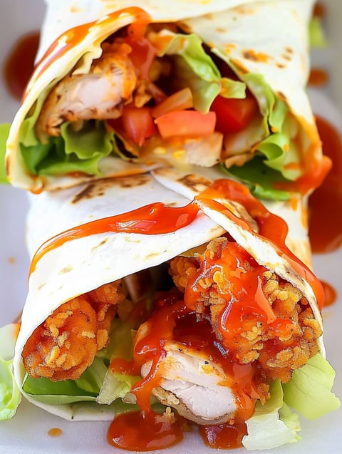 A chicken wrap with tomatoes and sauce.