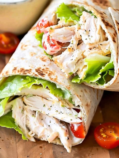 A chicken Caesar salad wrap with lettuce and tomatoes.