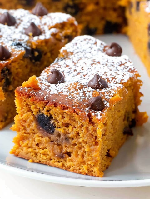 A piece of pumpkin cake with chocolate chips and powdered sugar.
