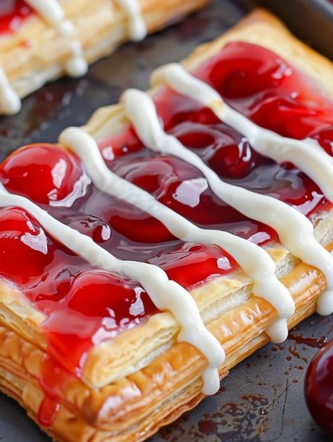 A pastry with cherries and whipped cream on it.