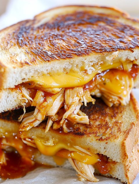 A grilled cheese sandwich with BBQ chicken.