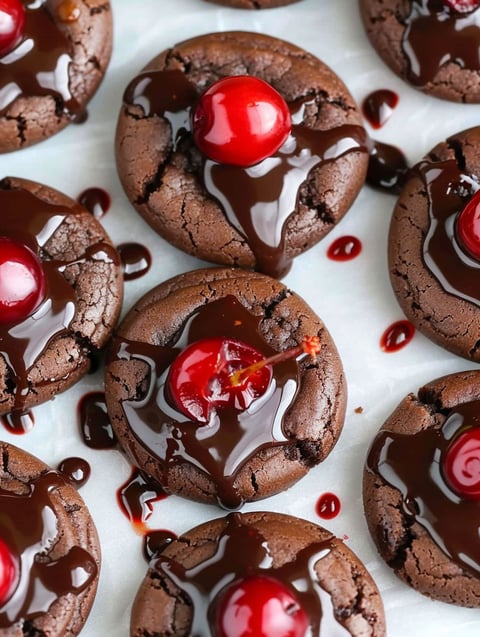 Chocolate cookies with cherries on top.
