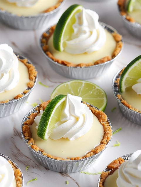 A close up of a mini key lime pie with whipped cream.