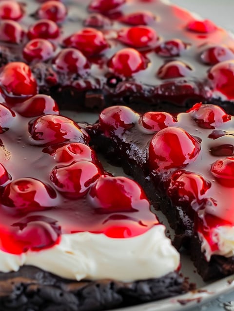 A slice of chocolate cherry brownie dessert pizza.