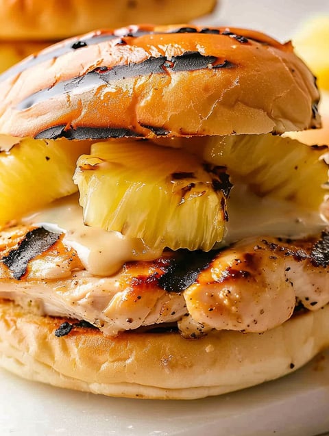 A grilled Hawaiian chicken sandwich with pineapple and cheese.