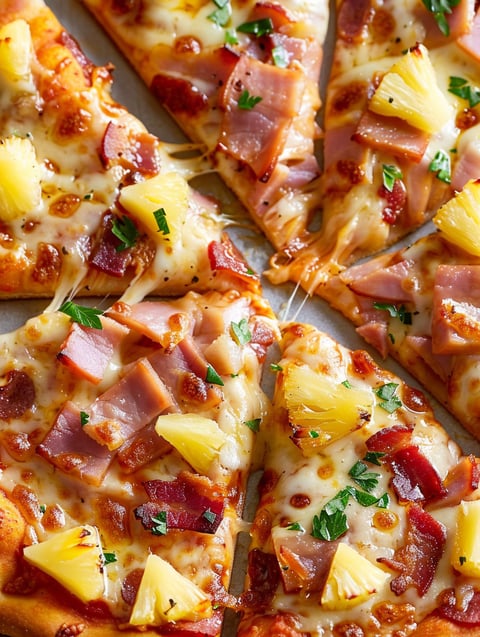 A slice of pizza with ham and pineapple on it.