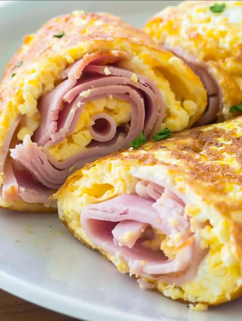 A breakfast roll up with ham and eggs.