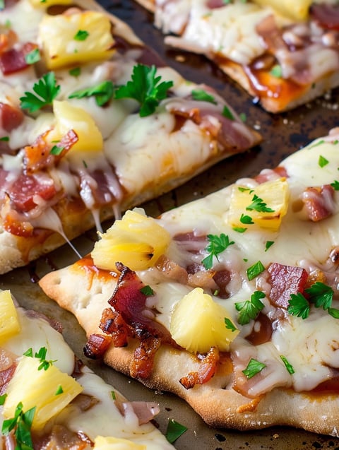 A close up of a BBQ Hawaiian Flatbread Pizza.