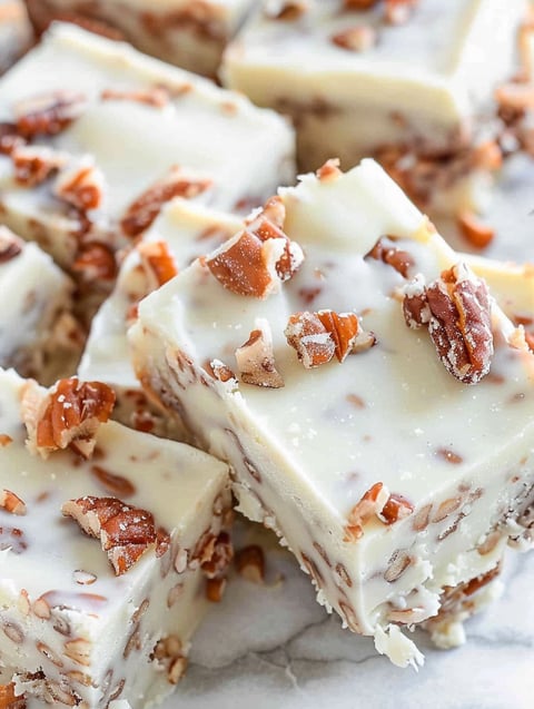A close up of a piece of candied pecan fudge.