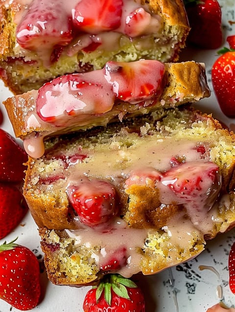 A slice of banana bread with strawberries on top.