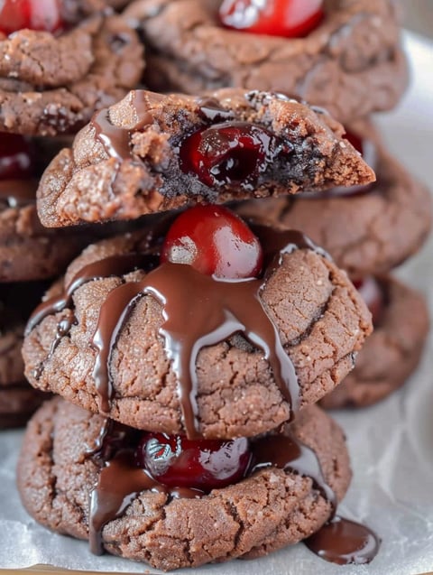 Chocolate cookies with cherries on top.