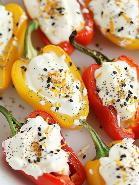 A plate of stuffed peppers with cream cheese and black seeds.
