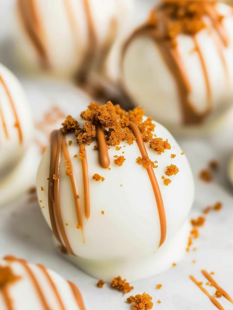A white chocolate truffle with orange sprinkles.