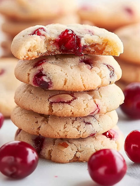 A stack of cookies with cherries on top.