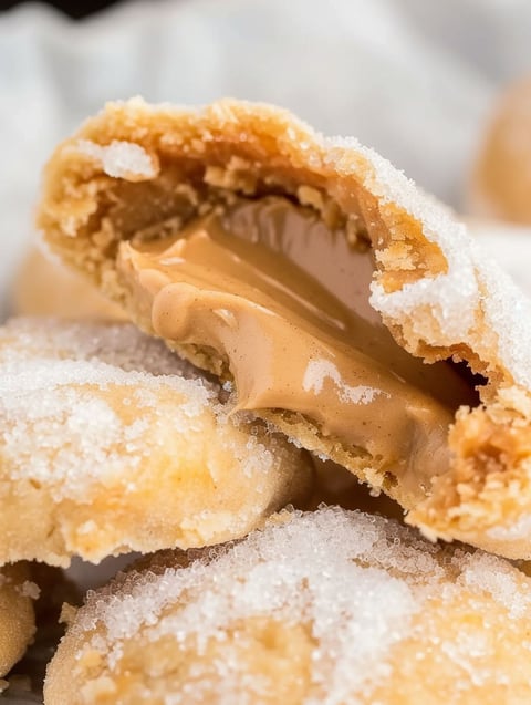 A peanut butter lava cookie with a bite taken out of it.