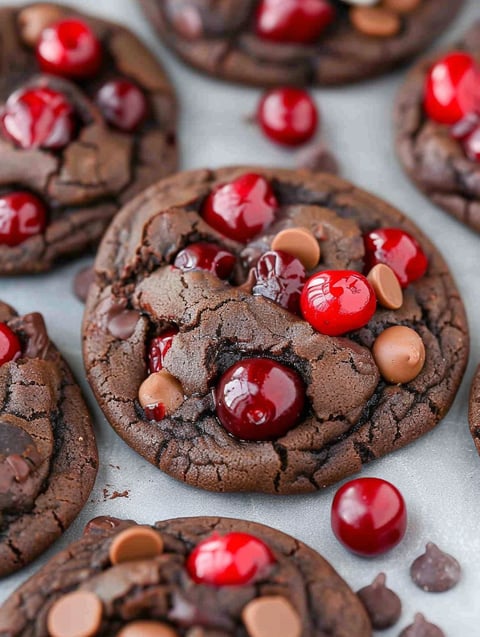 A close up of a chocolate cookie with red cherries on top.