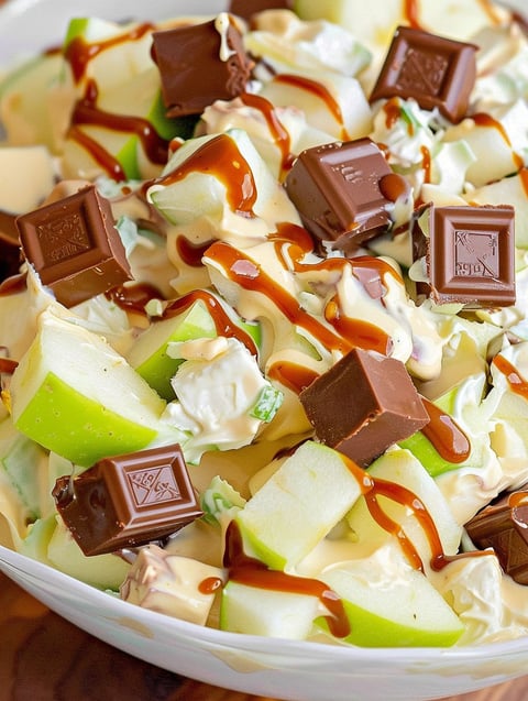 A bowl of Snickers salad with chocolate and caramel sauce.