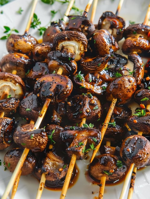 Balsamic garlic grilled mushrooms on a stick.