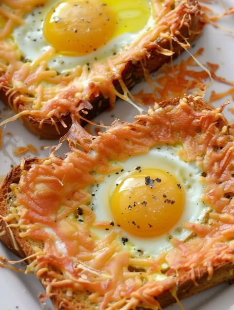 A slice of cheesy baked egg toast.