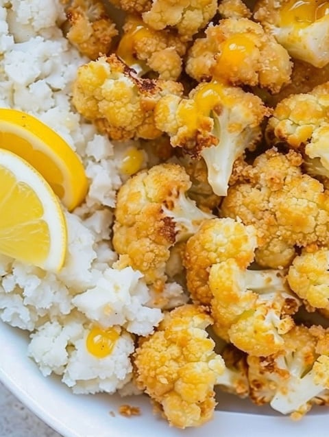 A plate of cauliflower with lemon slices on top.