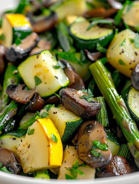 A dish of vegetables including zucchini, squash, and mushrooms.