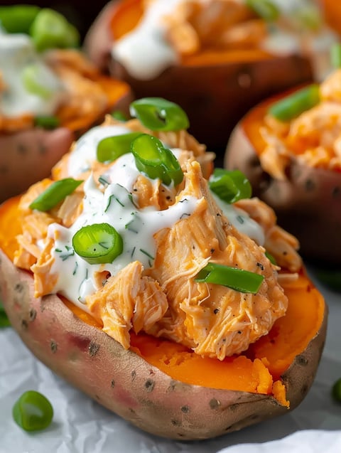 Sweet potatoes stuffed with buffalo chicken and ranch.
