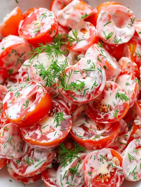 A close up of a tomato garlic salad.